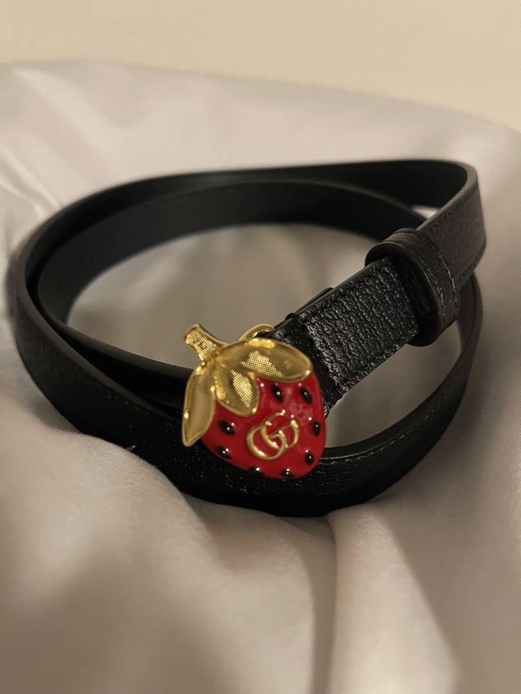 Vintage GUCCI Black Belt with Red Strawberry GG Buckle Japan