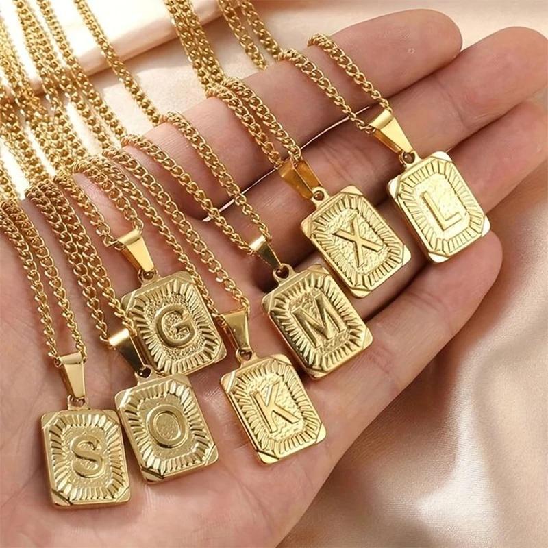 Stainless Steel Gold Engraved Letter A-Z Pendant Necklace Modern Fashion Link