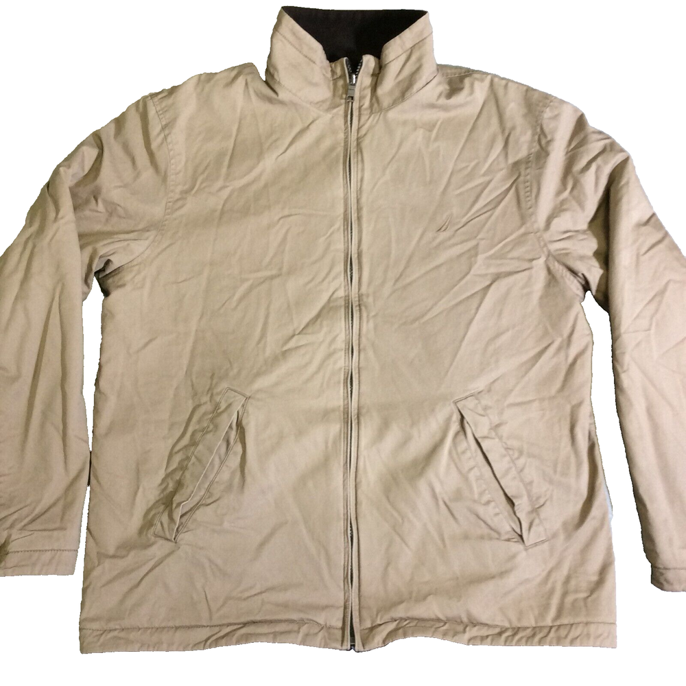Nautica Mens Jacket Sz M Reversible Brown Khaki Full Zip Pockets Cotton Fleece