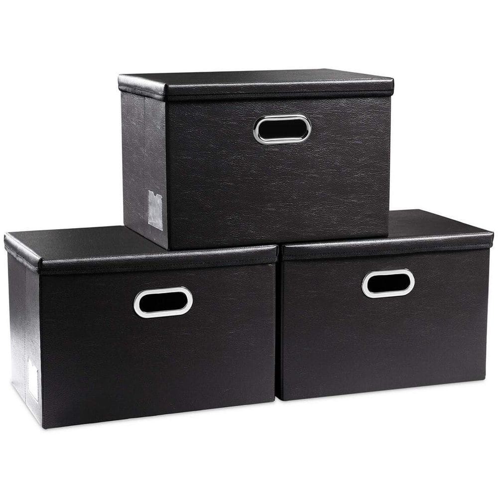 40 Qt Black Leather Fabric Storage Bin with Lid - Set of 3