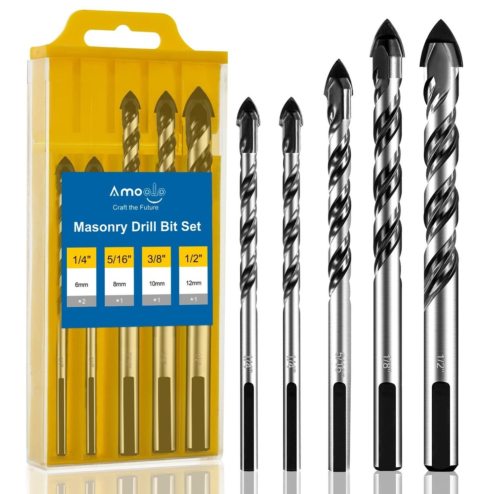 Masonry Drill Bit Set 5Pcs, Concrete Drill Bits with Carbide Tip (1/4”-1/2”)