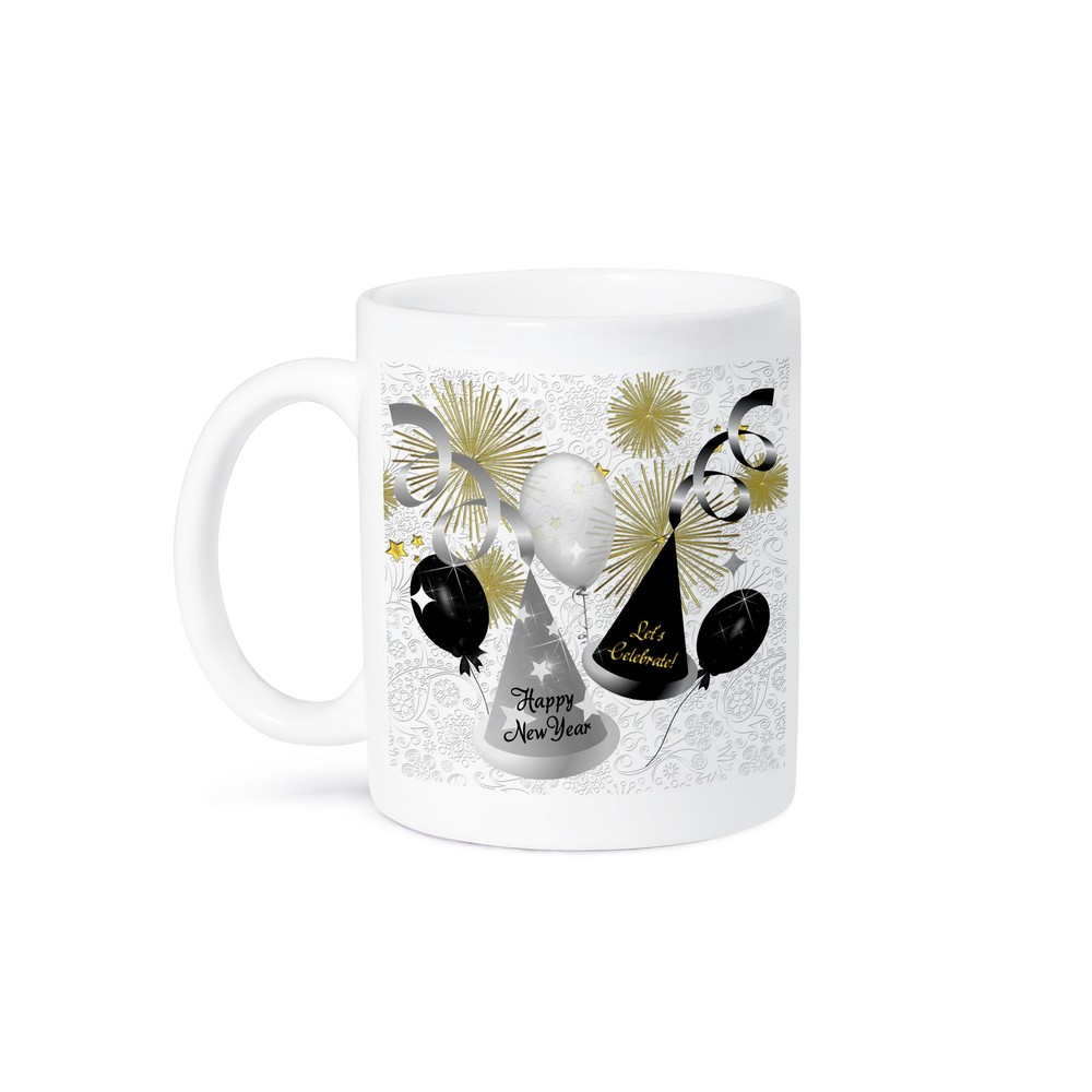 3dRose, Happy New Year Black, White and Gold Not Year Specific, Mug