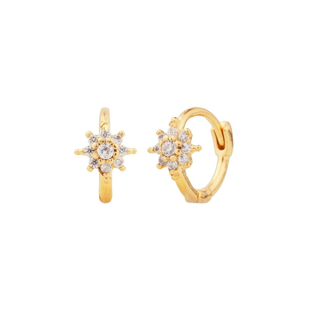 Moissanite cartilage Huggie hoop earrings tiny flower 14k Yellow gold earrings