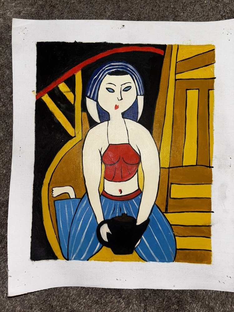 Woman Sitting Abstract Real Oil Painting On Canvas Yellow Background 9”x11”