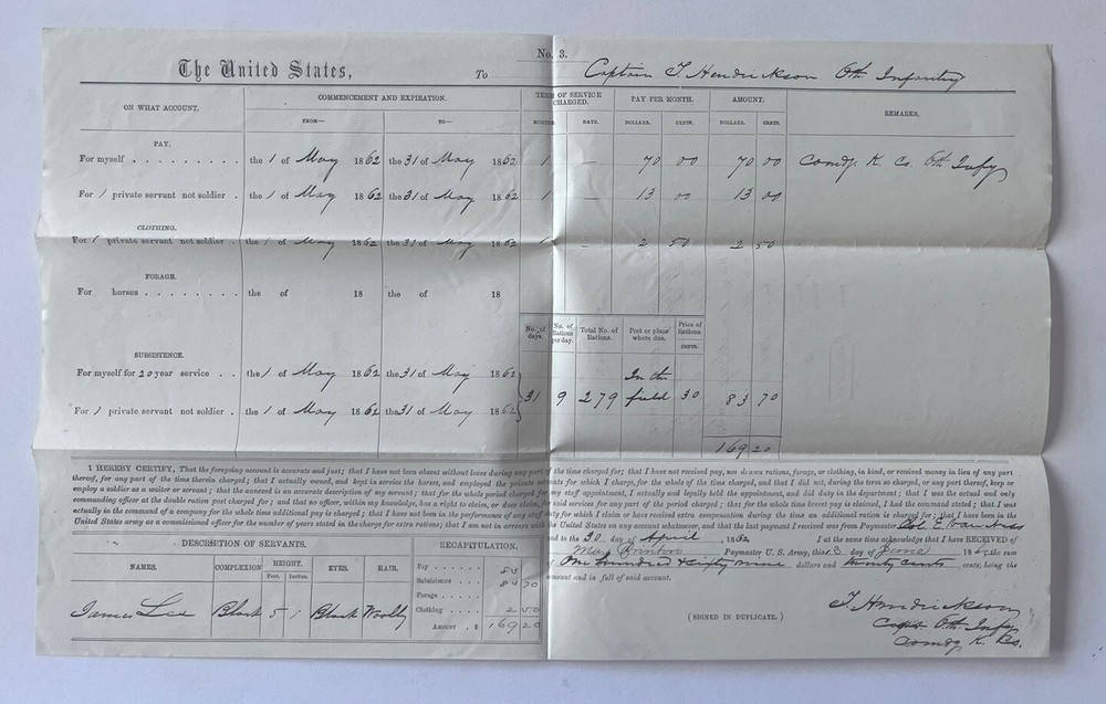 1862 US Civil War Pay Voucher for Captain T Hendrickson with Black Private Servant-image