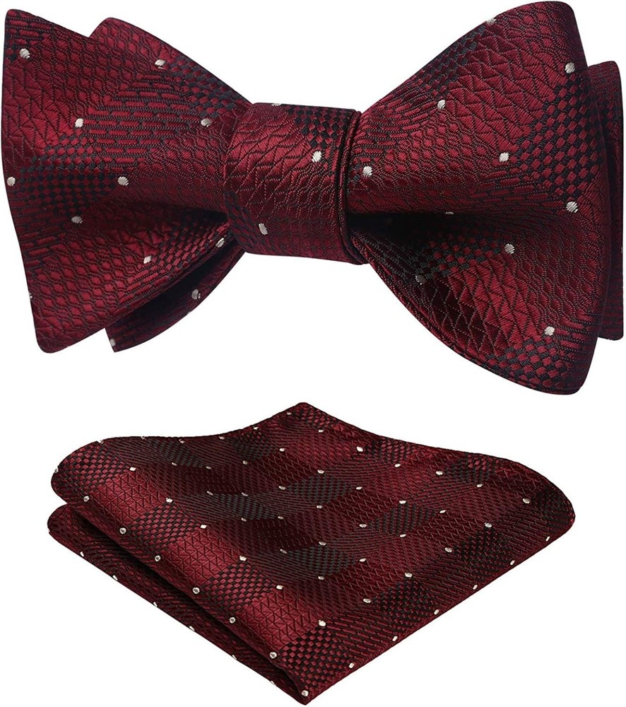 Mens Bowties Self Tie Wine Red Plaid Polka Dots Bow Tie and Pocket Square Wov...