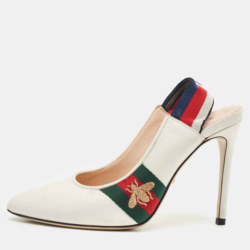 Gucci Bee Web Sylvie White Leather Slingback Pumps Size 36.5