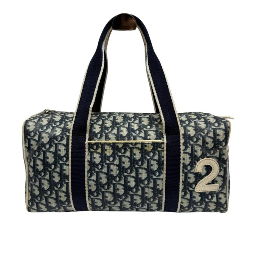 Authentic Rare Christian Dior Mini Boston Bag in Navy Canvas & Leather