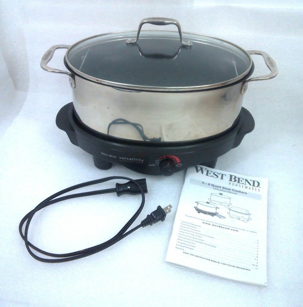 West Bend 6 qt Stainless Steel Slow Cooker with Glass Lid and Versatile Cooking Options  