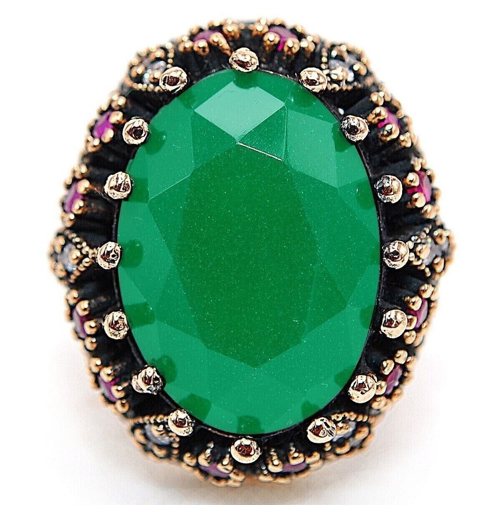 12CT Treated Emerald Ottoman Empire Style Sterling Silver Ring Size 9 HB2-9