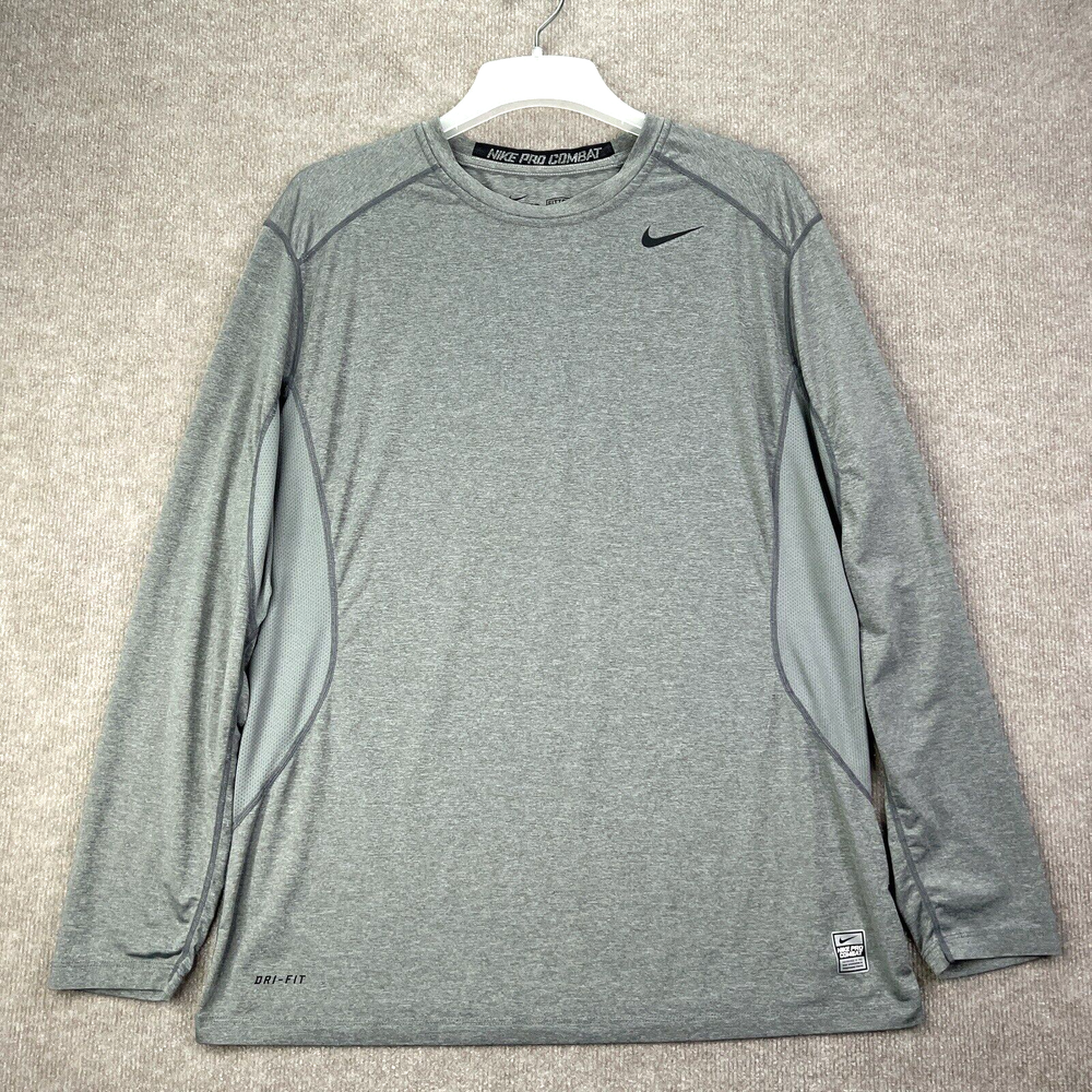 Nike Pro Combat Shirt Mens XL Fitted Gray Dri Fit Mesh Performance Long Sleeve