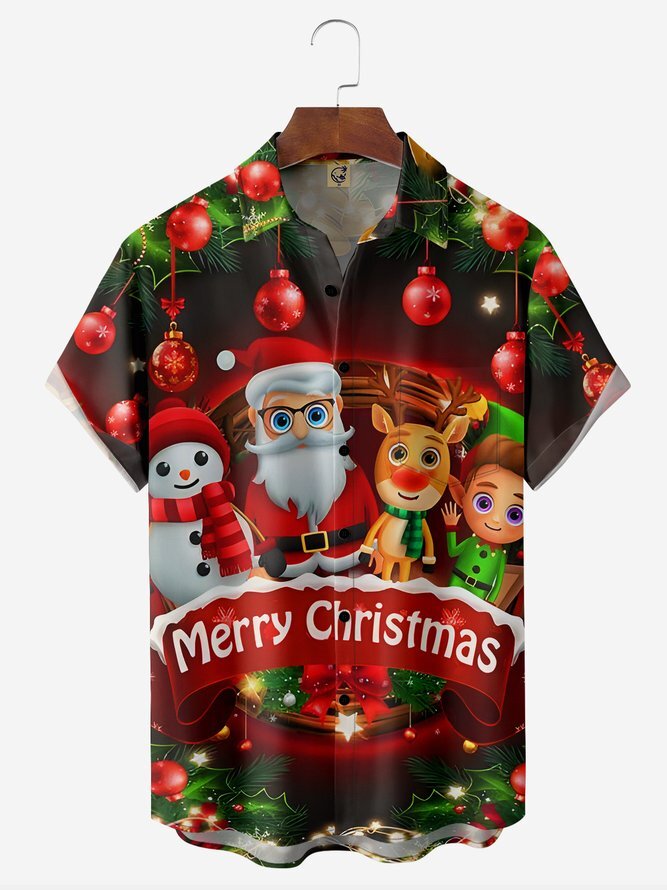 Festive Merry Christmas Santa Snowman Reindeer Print Hawaiian Shirt for Holiday Cheer