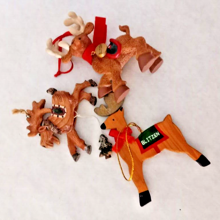 3 Reindeer Christmas Ornaments Rustic Woodsy Moose is Action Toy Blitzen Flocked