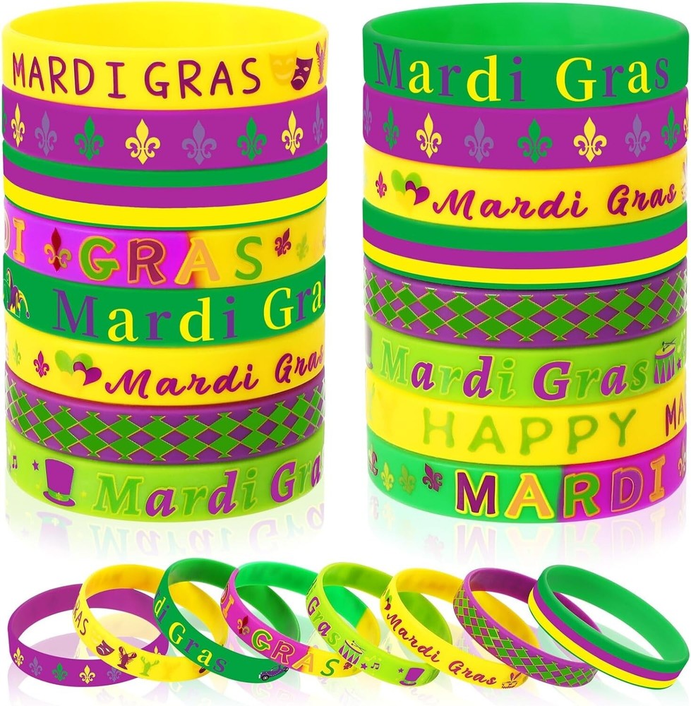 Colorful Mardi Gras Silicone Bracelets Bulk Pack for Parades and Parties