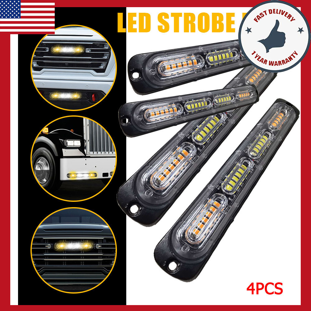 4x LED Amber/White Strobe Kit Warning Light Quality Hazard Flash Fit Truck Car