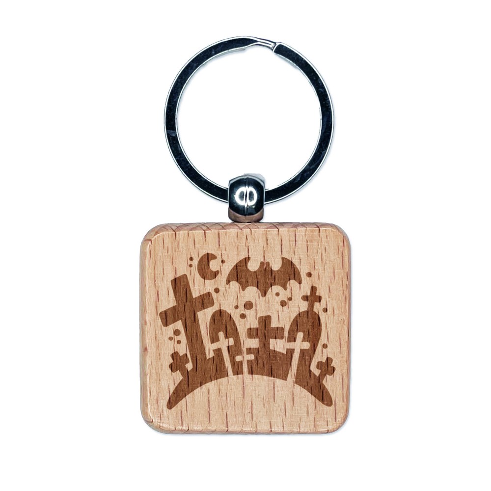 Halloween Graveyard Cemetery Tombstones Engraved Wood Square Keychain Tag Charm