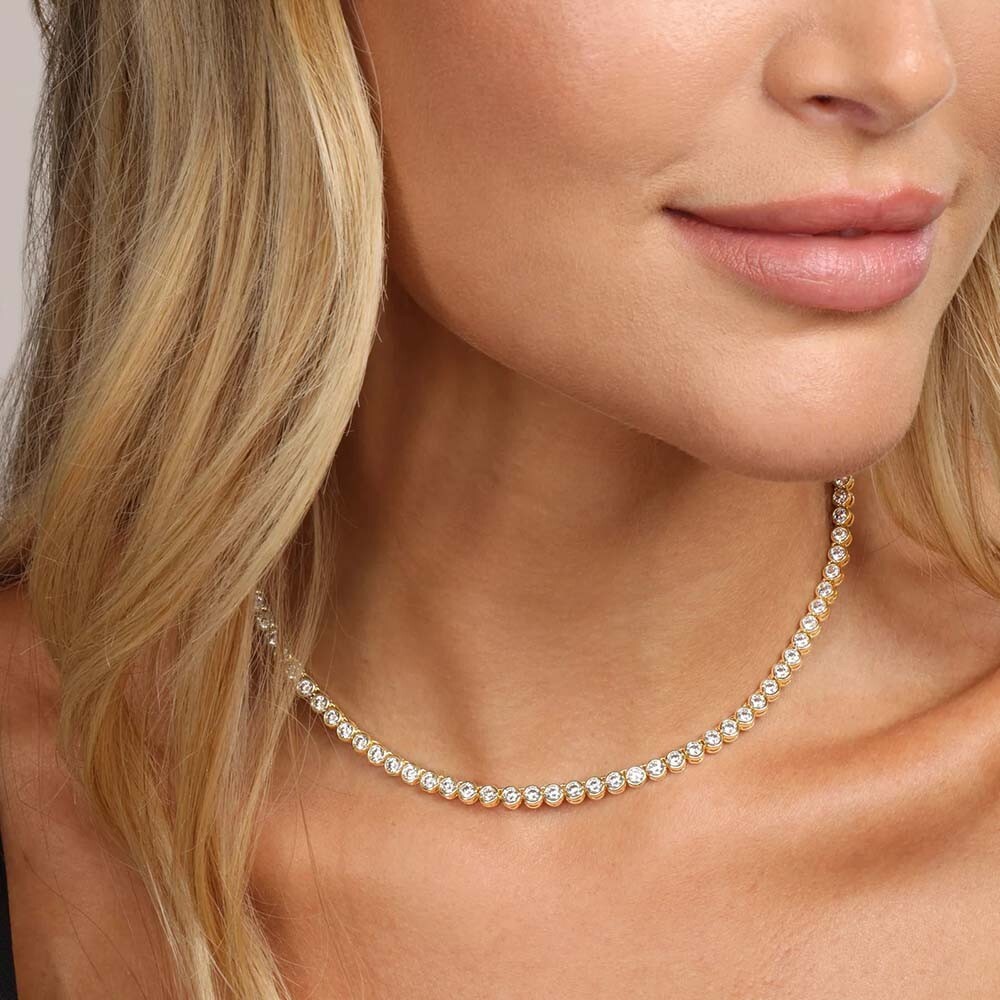15CTW Bezel-Set Round Diamond Tennis Necklace for Women in Yellow Gold