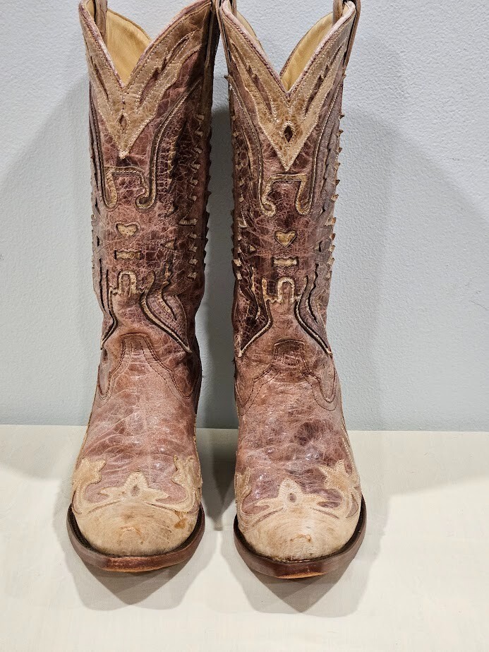 Distressed Corral Tan Leather Crackle Cowboy Boots Size 8.5M R2227
