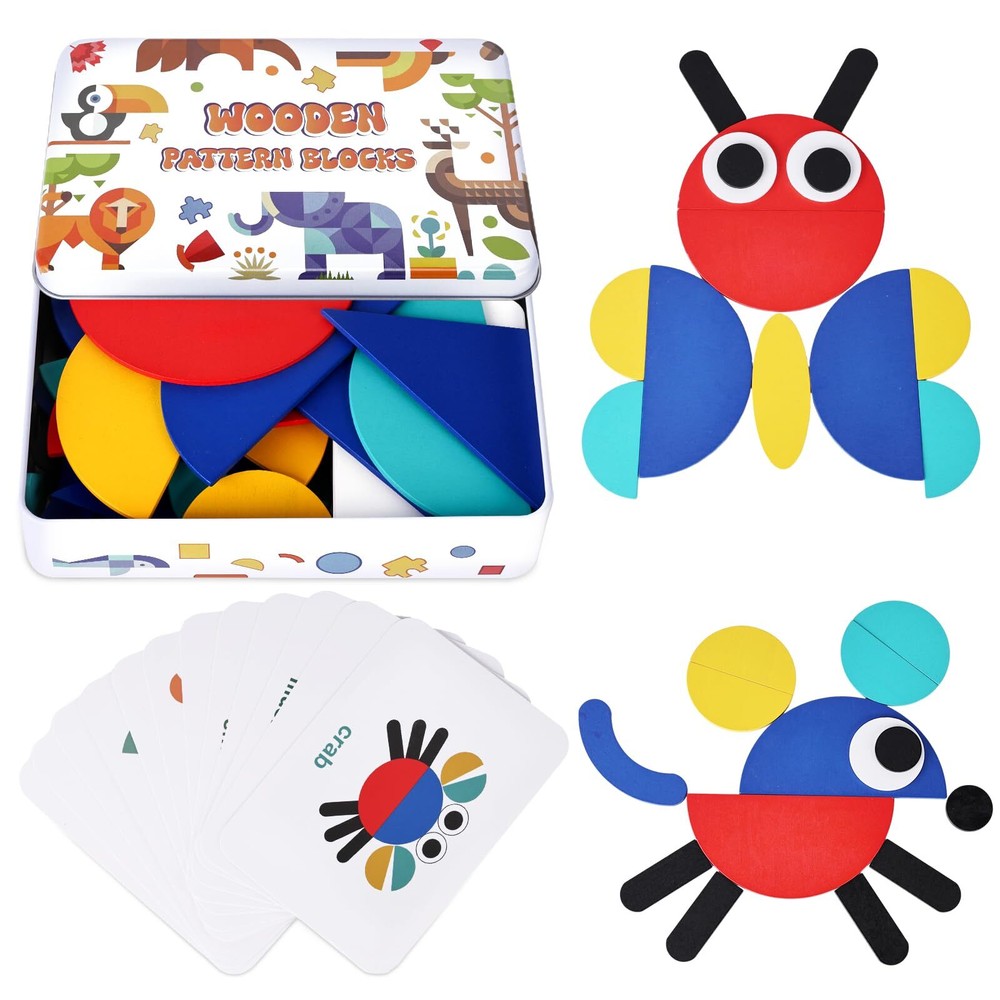 LovesTown 36 Wooden Pattern Blocks with 60 Cards Open Ended Wooden Shape Puzz...
