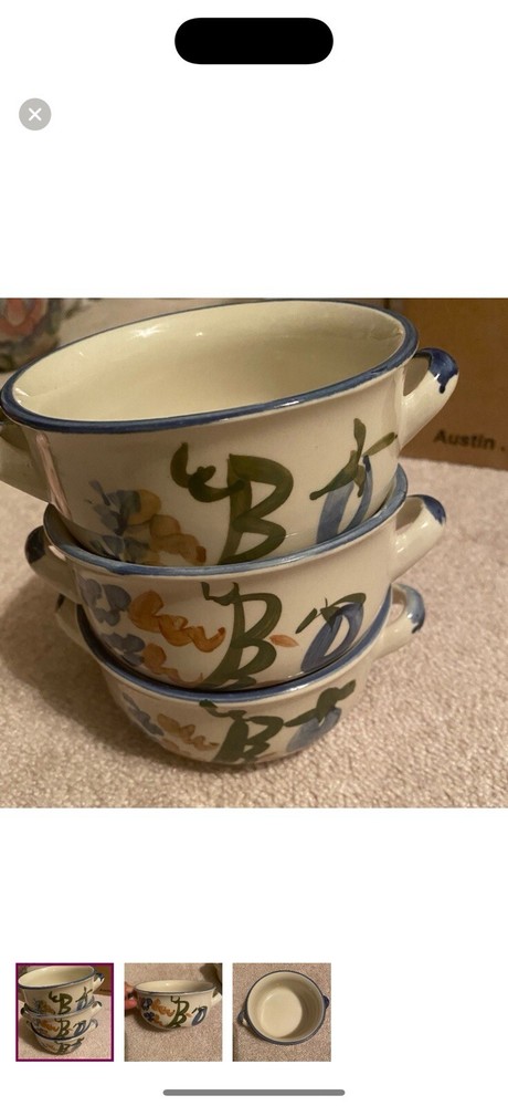Set of 3 Chi Jiang Stoneware soup bowls with two handles. Hand-painted.