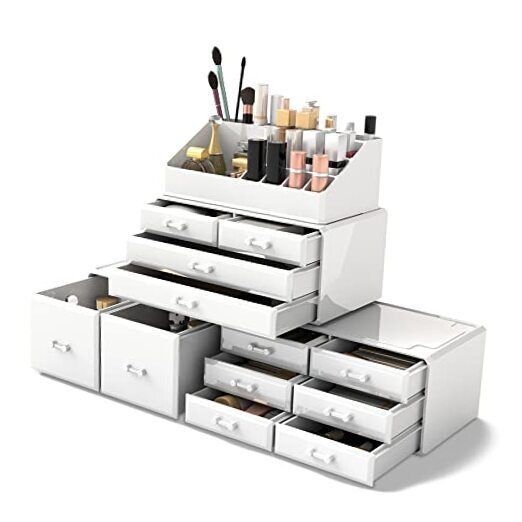 Makeup Cosmetic Organizer Storage Drawers Display Boxes Case with 12 White