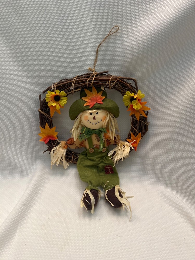 12-Inch Grapevine Wreath with Scarecrow and Sunflowers for Fall Decor