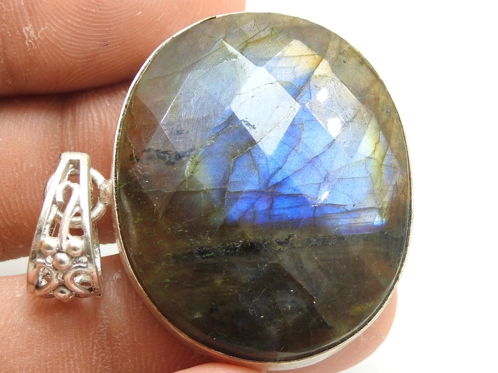 Christmas Gift Labradorite Brass Pendant Faceted Cabochon Multi Fire Jewelry