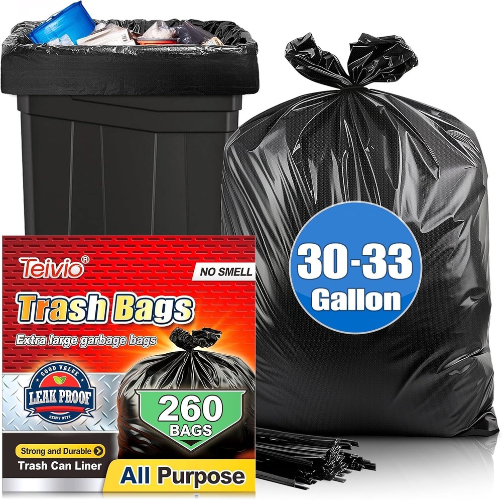 33 Gallon Puncture & Tear Resistant Trash Bags - 260 Count for Heavy Duty Use