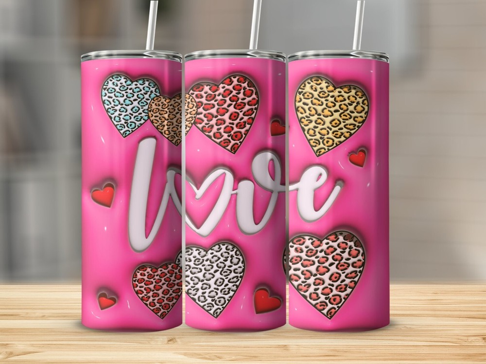 3D Valentine's Day-1 Multicolor 20oz Insulated Tumbler With Lid Clear Straw New