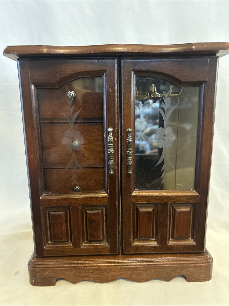 Vintage Wooden Jewelry Box Armoire Style 4 Drawers 2 Glass Doors Musical