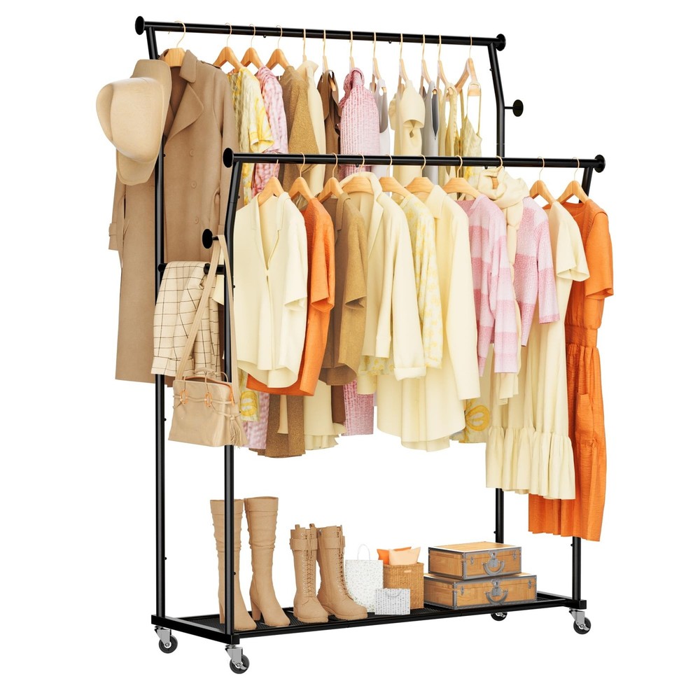 Double Rod Rolling Clothes Rack with Hooks for Hanging Garments-image