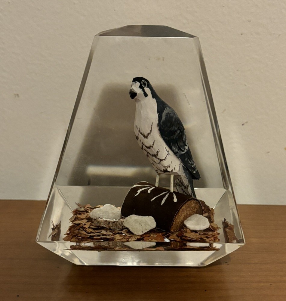 Vintage Acrylic Lucite Woodland Paperweight Statue with Wooden Hawk