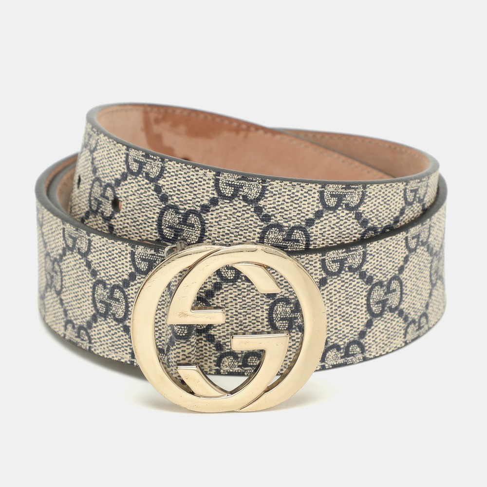 Gucci GG Supreme Canvas Buckle Belt in Beige Navy Blue 85CM