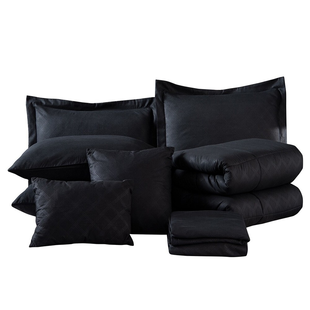 10-piece Solid Plaid Comforter Set Black Queen