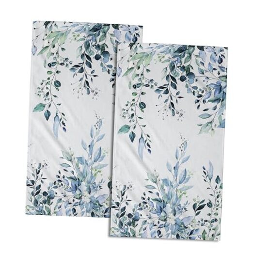 Soft Blue Eucalyptus Leaf Hand Towels Set of 2 with Sage Leaves