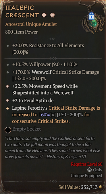 Diablo 4🔥Season 7 Softcore🔥Malefic Crescent DRUID Unique Amulet HIGH Rolls