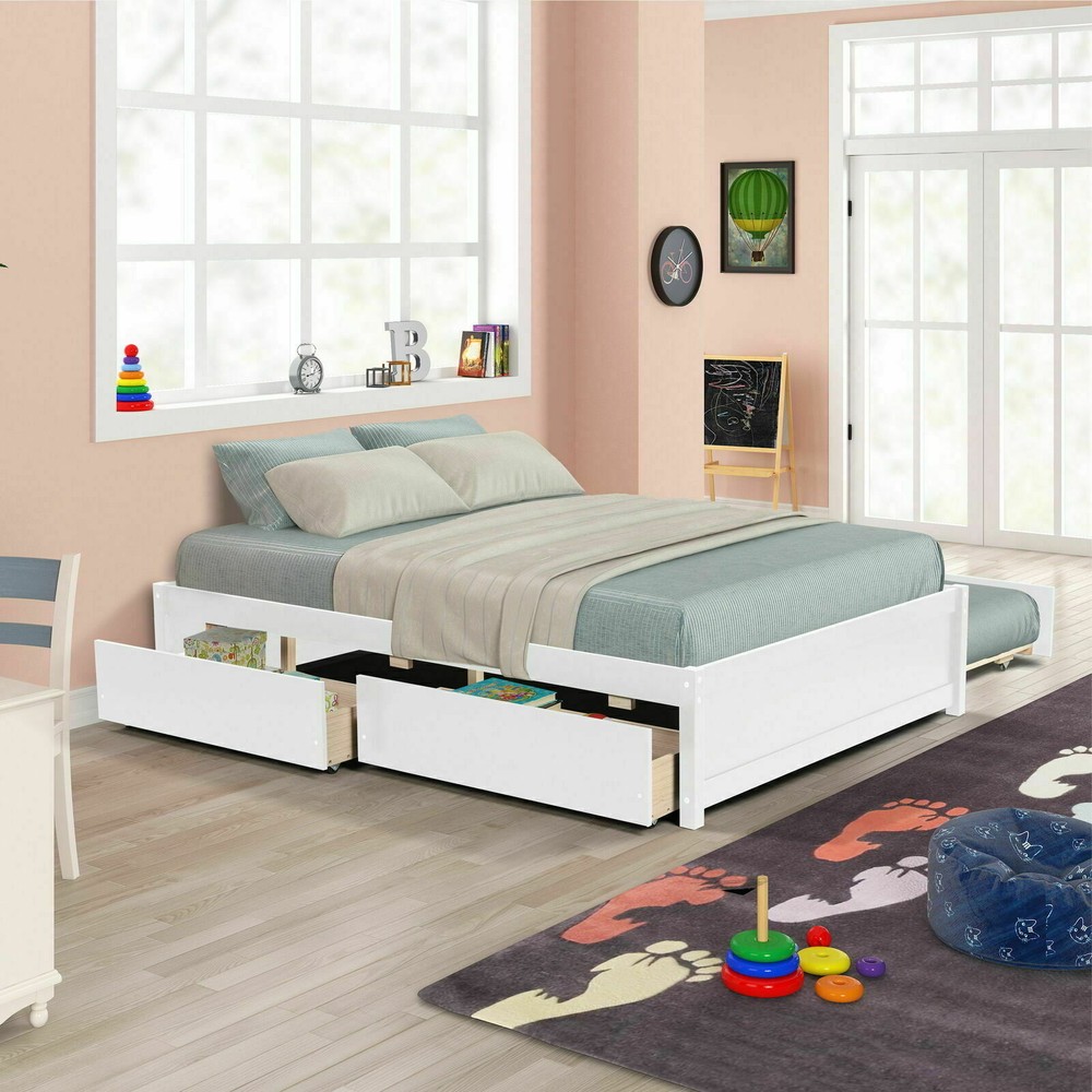 Full Size Bed Frame Platform Bed With Trundle Wood Bed w/ 2 Drawers Bedroom