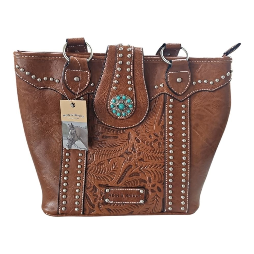 Brown Faux Leather Gemstone Studded Shoulder Bag with Rein & Bridle Design NWT