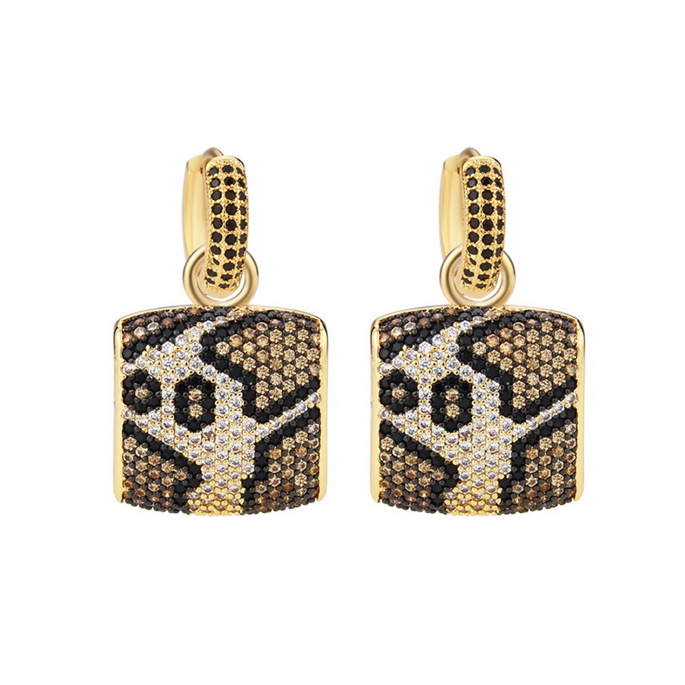Lady 2 in 1 Gold Plated Leopard Print Zircon Handbag Dangle Huggie Hoop Earrings for Stylish Women