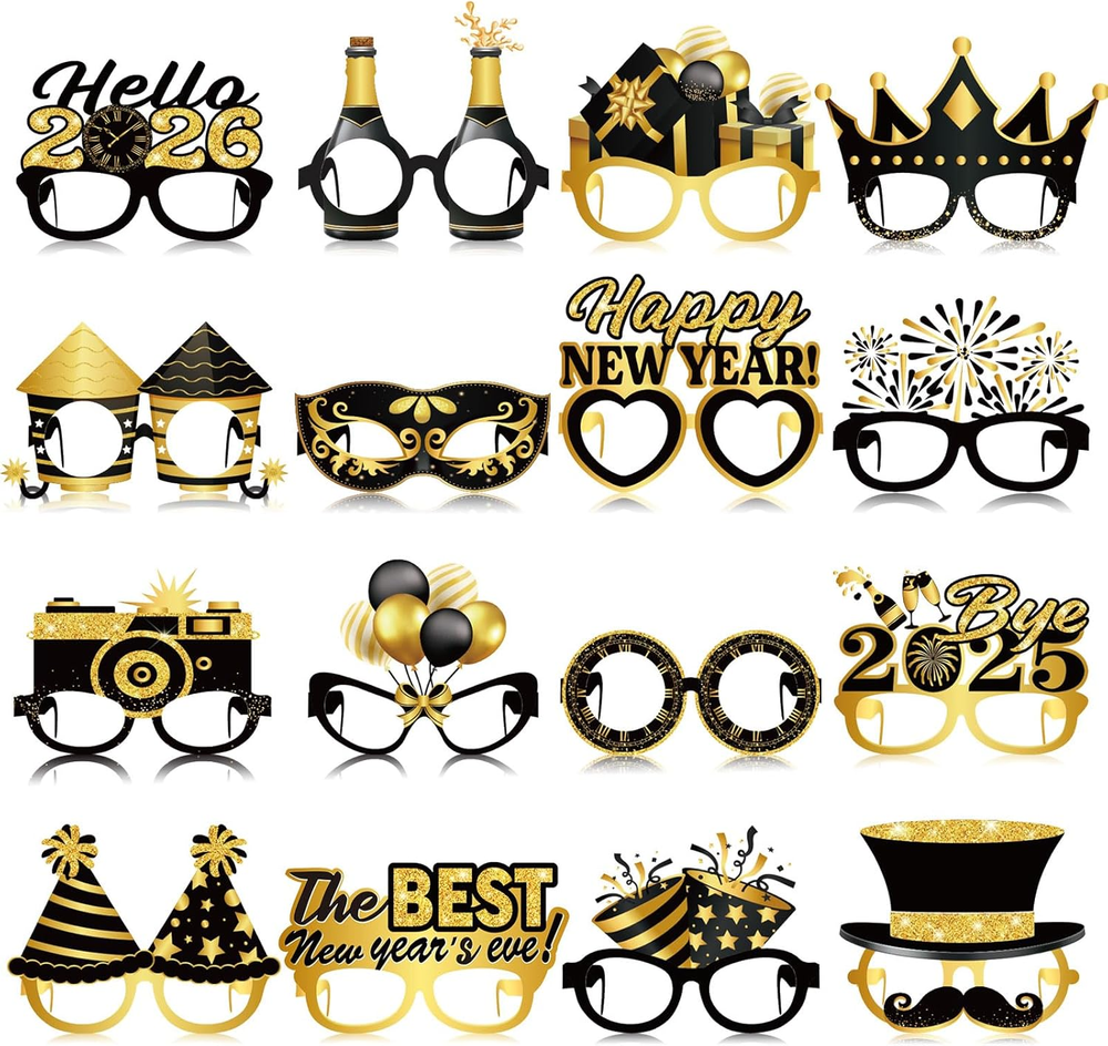32 Pcs Happy New Year Decorations Black Gold Novelty Eyeglasses 2026 Theme Party