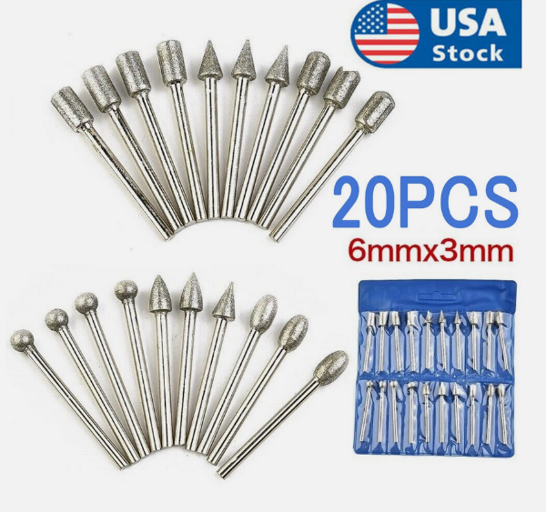 20 Pcs 120 Grit Diamond Burr Set Drill Bits Set for Dremel Tool Rotary Grinding
