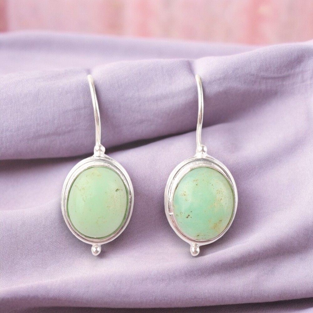 Natural Chrysoprase Gemstone Minimalist Drop Earrings in 925 Silver for Women