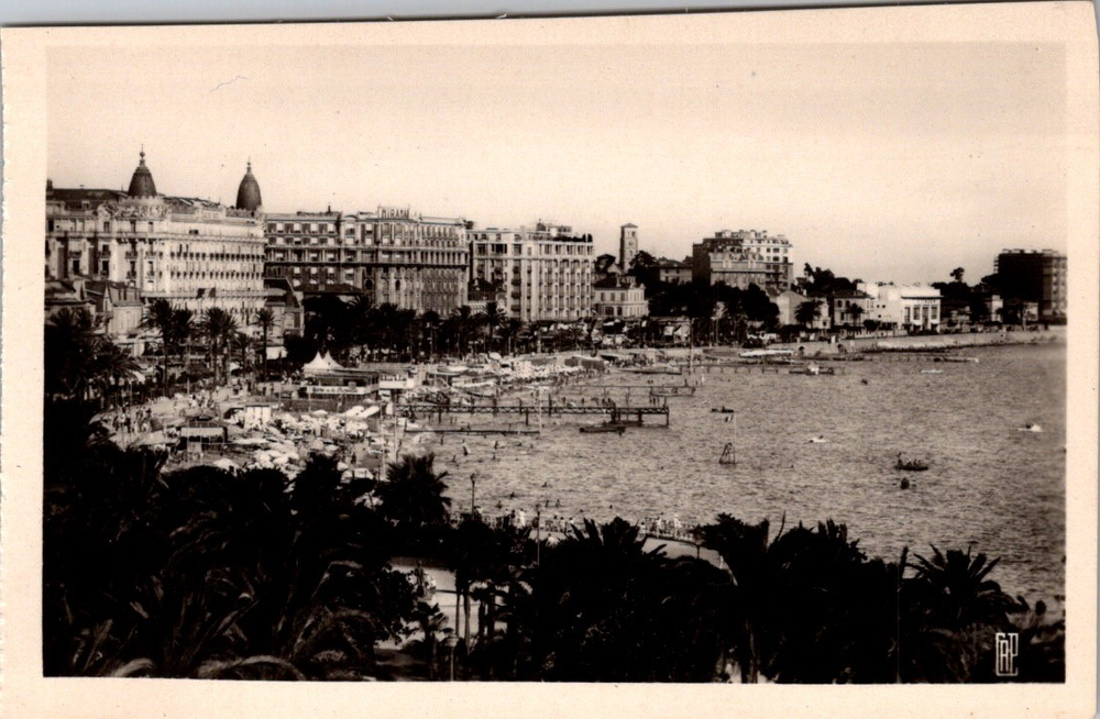 Vintage RPPC Cannes France Beach Scene La Croisette Bathers & Carlton Hotel