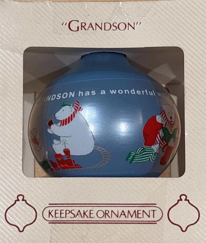 1984 Hallmark Keepsake Ornament Grandson Glass Ball Ornament Polar Bears Train