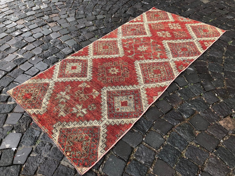 Handmade vintage Turkish wool runner rug 6.4x3.1 ft for stairs