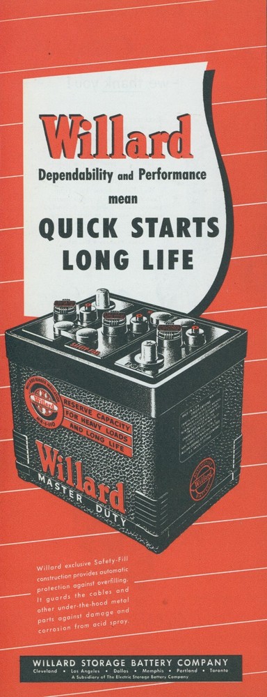 1948 Willard Battery Quick Starts Long Life Heavy Loads Vintage Print Ad C4