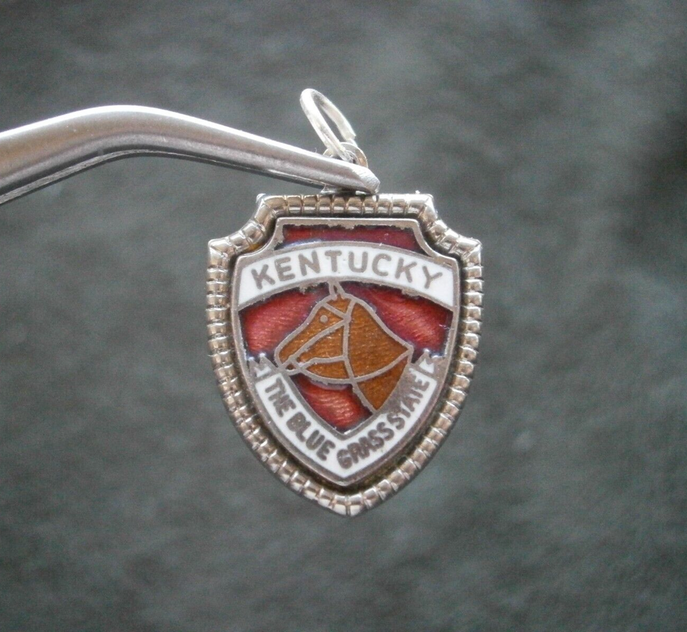 Kentucky Blue Grass State Vtg Sterling Silver Enamel Travel Shield Charm  2.2g