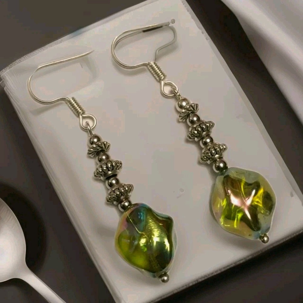 Vintage Art Deco Green Glass Bead Drop Earrings in Silver Plate