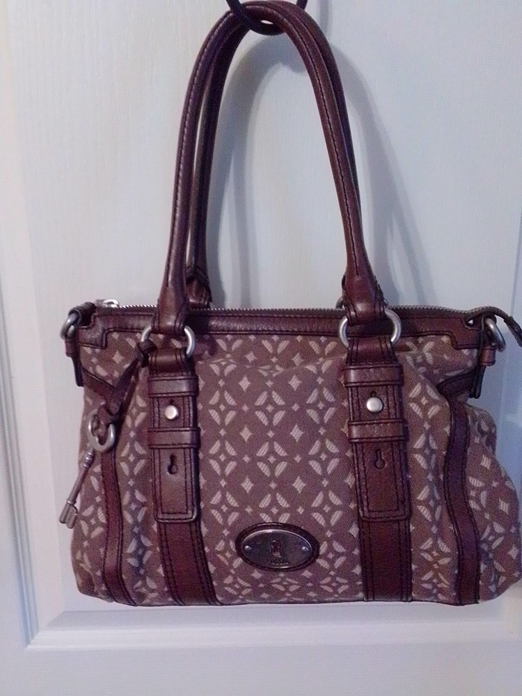 Vintage Fossil Maddox Satchel Brown Canvas With Leather Trim Hand/Shoulder...