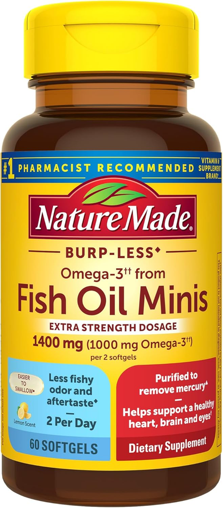 Nature Made Burp-Less Omega-3 from Fish Oil 1400 Mg Minis Softgels, 80 Count